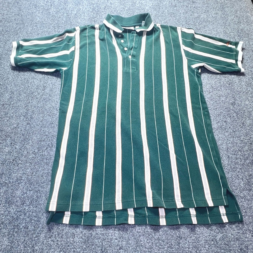 Vintage Slazenger Mens Large Green Striped Cotton Polo Shirt Short Sleeve Logo
